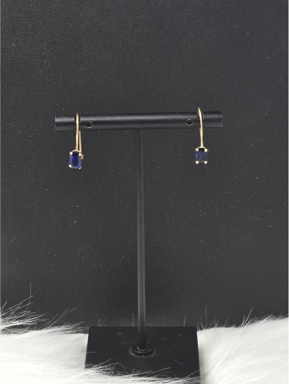 14K Gold Lab Created Blue Sapphire Emerald Cut Drop Earrings